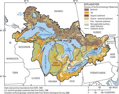 Map showing study area and surficial geology of the Great Lakes Basin ...