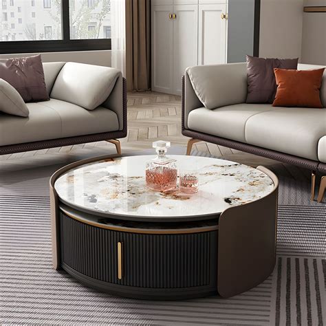 Modern Round Stone Coffee Tables Set With Wood Drum Base Drawers And