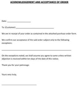 Sample Acknowledgement And Acceptance Of Order Small Business Free Forms