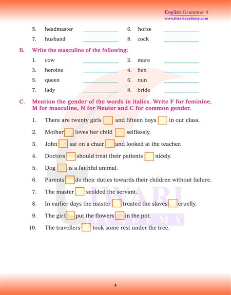 Cbse Ncert Class English Grammar Chapter Nouns Gender In Pdf