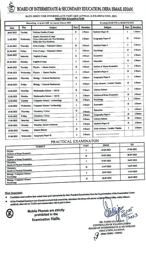 Bise Di Khan Board Date Sheet Inter Part Hssc Fa Fsc