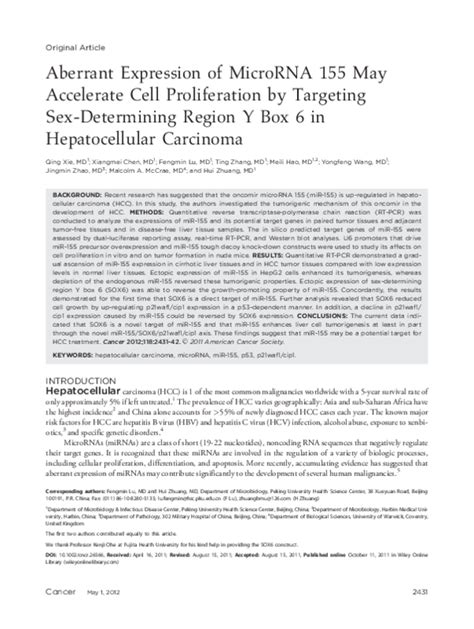 Pdf Aberrant Expression Of Microrna 155 May Accelerate Cell