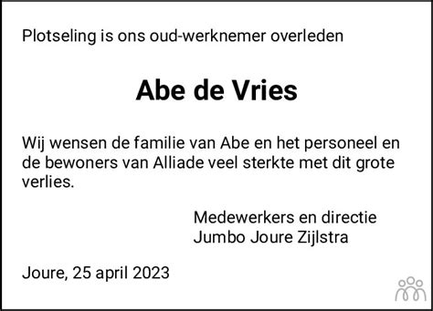 Abe De Vries Overlijdensbericht En Condoleances Mensenlinq Nl