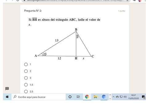 Hallar X Si Bh Es Altura Brainly Lat