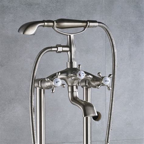 Rozin Brushed Nickel Floor Mounted Bathtub Faucet with Hand Sprayer ...