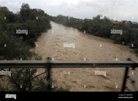 Capua, Italy - 6 November 2019: The Volturno river in flood after the ...