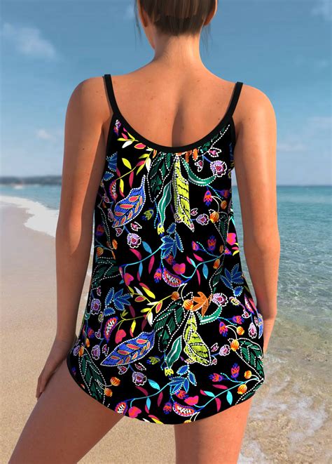 Plus Size Black Leaf Print Tankini Top Usd 42 98