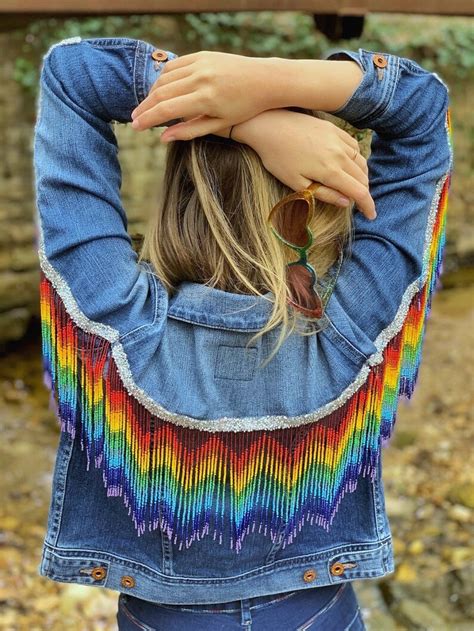 RAINBOW FRINGE JACKET Denim Embellished W Beaded Fringe And Etsy