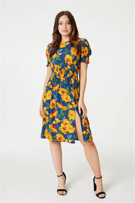 Floral Split Front Midi Tea Dress Izabel London