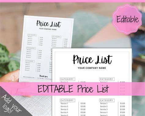 Hair Price List Template Editable Printable Price Sheet Etsy