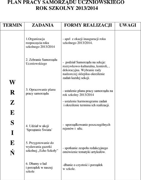 PLAN PRACY SAMORZĄDU UCZNIOWSKIEGO ROK SZKOLNY PDF Free Download