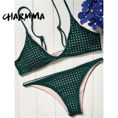 CharMma Laser Cutwork Bikini Set 2017 Dark Green Mesh Bikinis Women