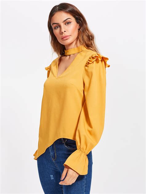 Choker Neck Fluted Sleeve Frilled Asymmetric Blouse Shein Sheinside