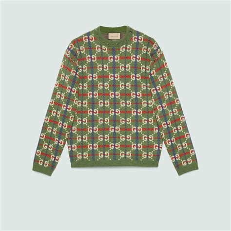 Gg Check Knit Wool Sweater In Blue And Green Gucci® Sg