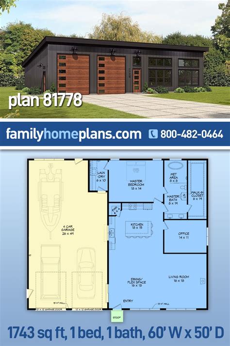 Contemporary Modern Style Garage Living Plan 81778 With 1743 Sq Ft 1 Bed 1 Bath 3 Car Garage