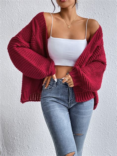 Cable Knit Drop Shoulder Cardigan Shein Usa