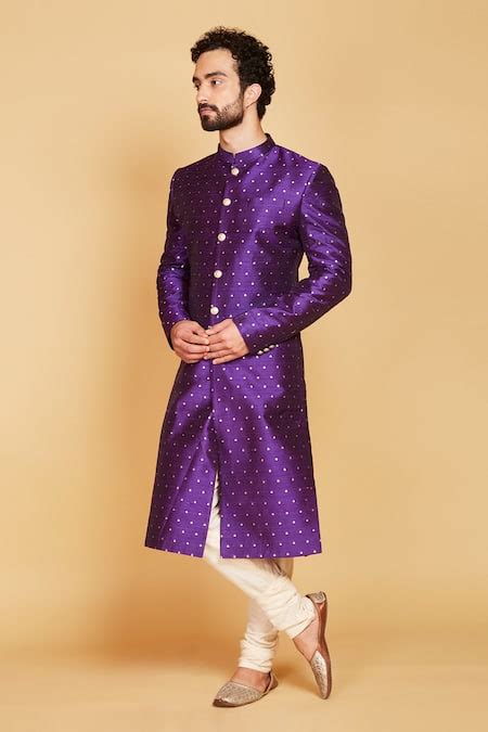 Buy Purple Raw Silk Hand Work Sequin Embellished Sherwani Set For Men