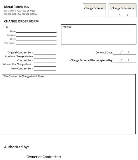 Change Order Form Template Excel