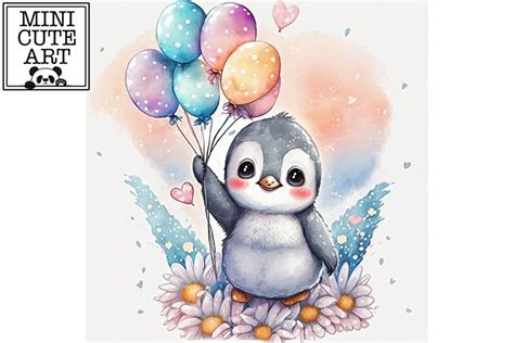 Cute penguin and balloons watercolor clip art, (2489414)