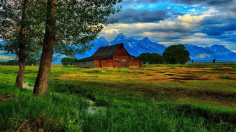 Landscape View Of Mountains Wood Hut Green Grass Field Nature HD