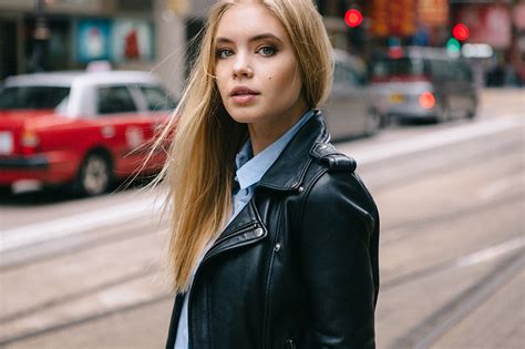 Wallpaper Blonde Portrait Leather Jackets Depth Of Field Women