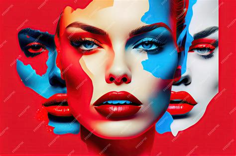 Premium Ai Image Colorful Face Collage Illustration With Red Lips And Blue Eyes