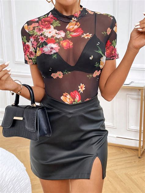 Shein Privé Floral Print Mock Neck Mesh Top Without Bra Shein Usa