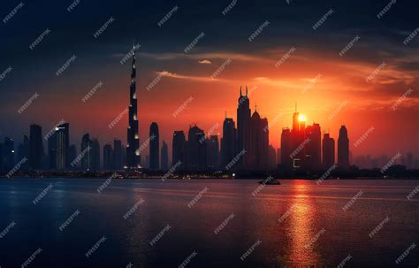 Premium Photo | The skyline at dubai sunset