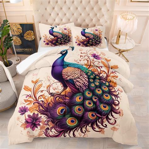 Ccoutuechen Purple Peacock Comforter Set Queen Size