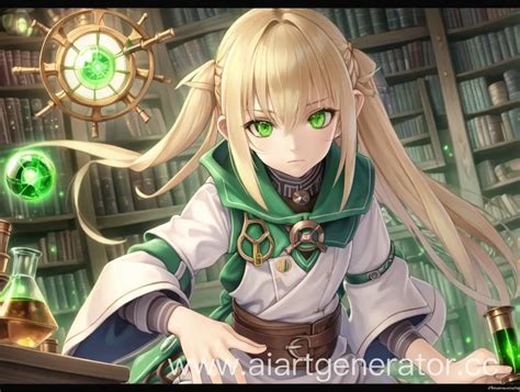 Fantasy Blonde Teen Alchemist With Green Eyes In Anime Style AI Art Generator