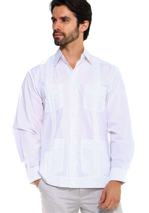 Traditional Guayabera Shirt Regular Linen Long Sleeve White Color