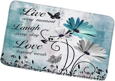 Rustic Teal Daisy Floral Bath Mat Farmhouse Flower Butterfly