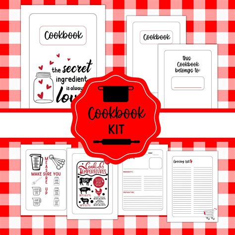 Printable Cookbook Recipe Book Kit Matching Black White And Red Pages