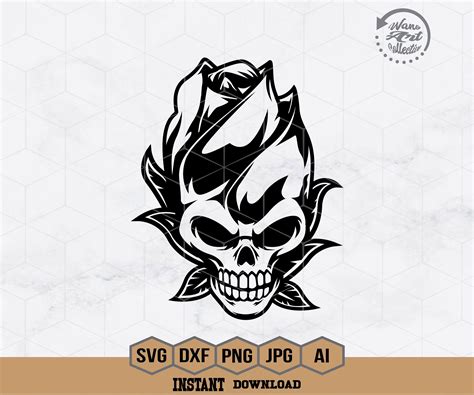 Skull Rose Svg Skull With Flower Svg Floral Skull Svg Etsy Flower