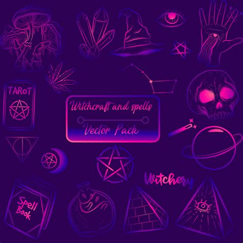 Occult spell collection with witchcraft and Halloween objects. Purple ...