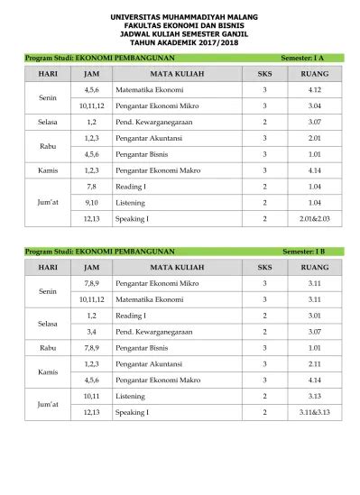 UNIVERSITAS MUHAMMADIYAH MALANG FAKULTAS EKONOMI DAN BISNIS JADWAL