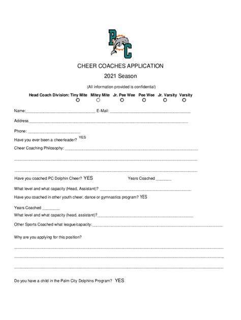 Fillable Online Cheer Coaches Application 2021 Season