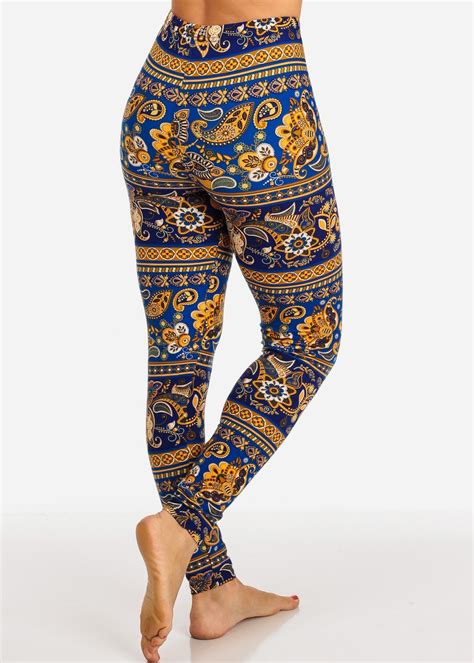 Gold With Blue Pattern Design Multi Color Womens Leggings Skinny Leg