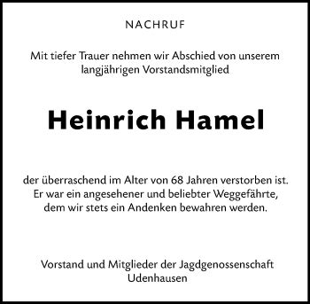 Traueranzeigen Von Heinrich Hamel Vrm Trauer De