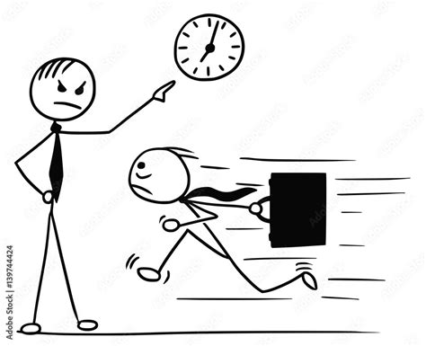 Cartoon Of Man Running Late For Work And His Boss Pointing At Wall