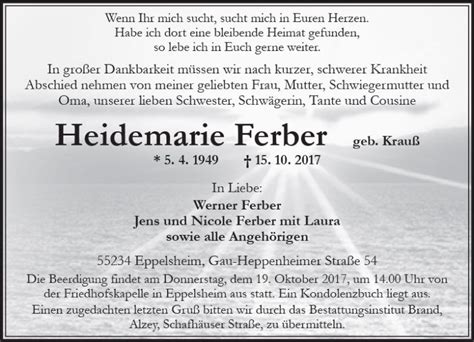 Traueranzeigen Von Heidemarie Ferber Vrm Trauer De