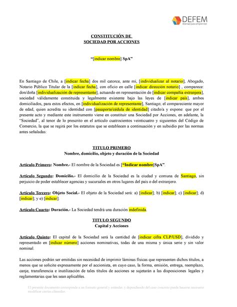 Constitucion Sociedad Por Acciones Sp A Defem Cg Spa Web Constituci N