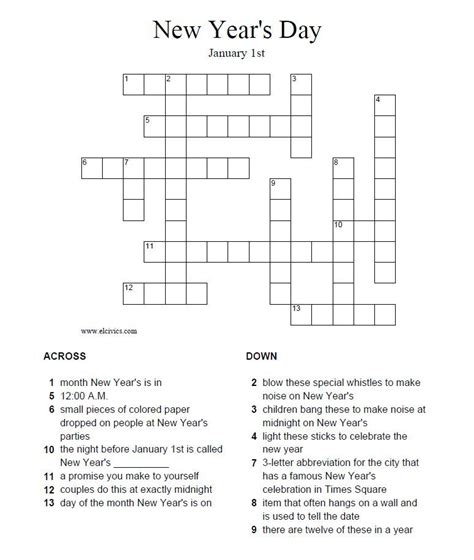 New Years Crossword Puzzle Answers At Esl