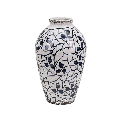 Flower Vase White And Blue Stoneware 22 Cm Floral Pattern Modern Design