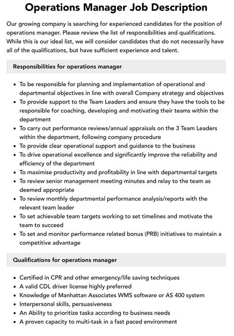 Operations Manager Job Description Velvet Jobs