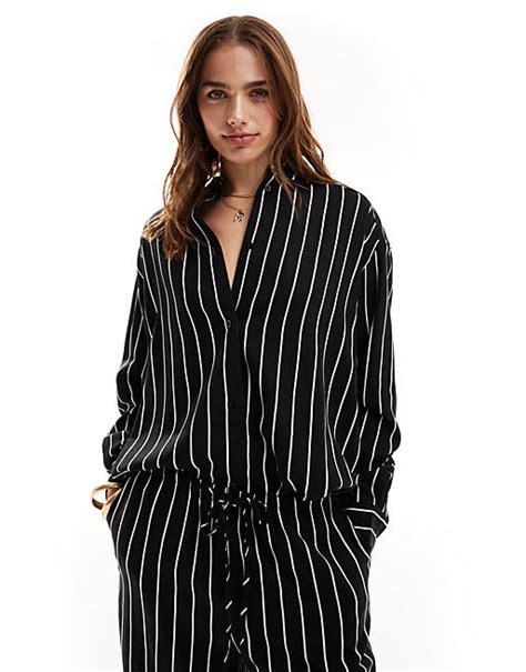 Asos Design Relaxed Shirt With Linen In Black Stripe Asos