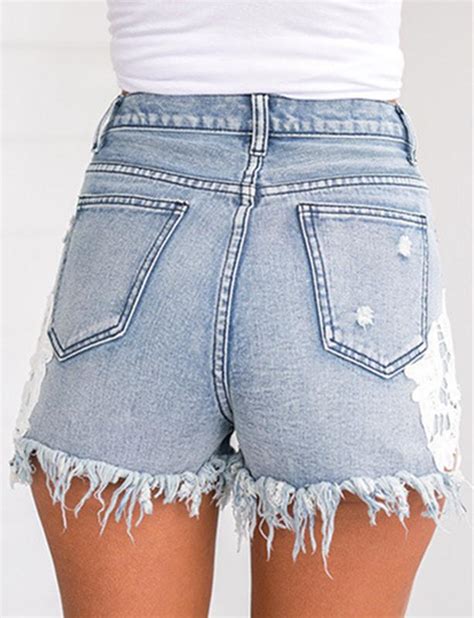 Fashion Women Summer Ripped Lace Denim Shorts Holes Casual Short Pants