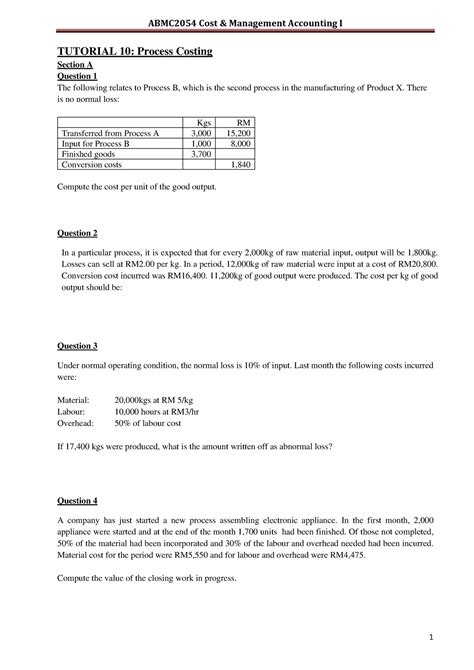 ABMC2054 T10 Doen TUTORIAL 10 Process Costing Section A Question