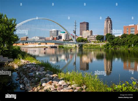 The Des Moines River And Downtown Pedestrian Bridge In Des Moines Iowa