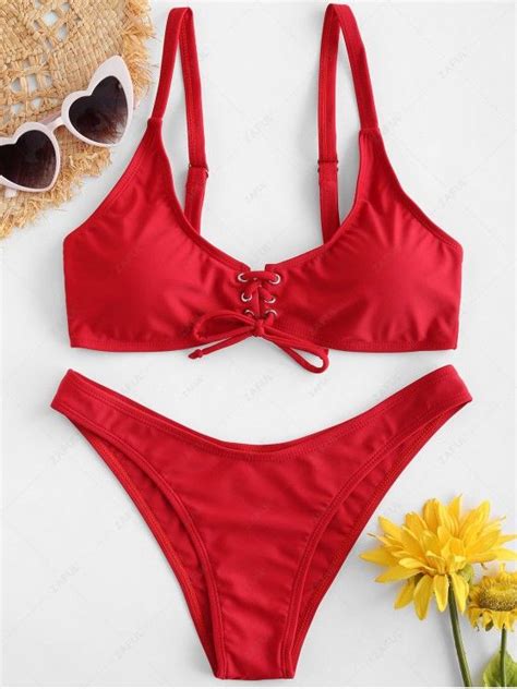 61 OFF 2021 ZAFUL Lace Up Bikini Set In LAVA RED ZAFUL